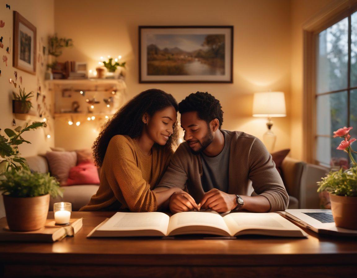 A couple thoughtfully browsing through insurance options together, surrounded by love symbols like hearts and keys, with a backdrop of a cozy living room filled with soft lighting and personal touches. Show diverse emotions of contemplation, happiness, and connection. Incorporate elements of trust and support visually, like clasped hands and open books. warm color tones. super-realistic. cozy atmosphere.