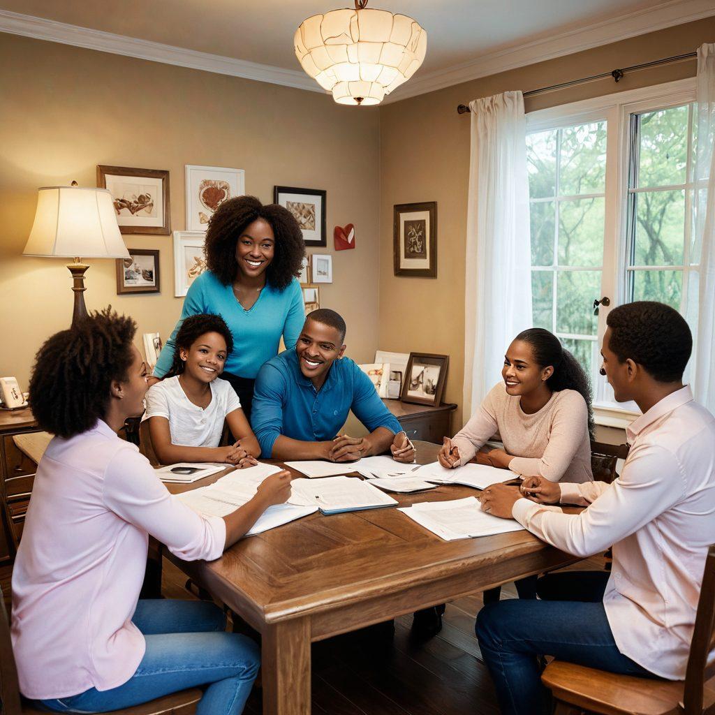 A warm and inviting scene depicting a family gathered around a table, discussing their insurance plan with a friendly advisor. Visual elements of documents and heart symbols representing protection and care, alongside a backdrop of a cozy home environment. Incorporate a sense of security and trust in the atmosphere. soft colors. friendly style.