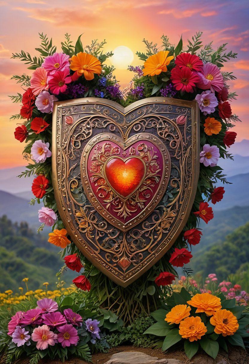 A symbolic heart shaped shield surrounded by vibrant flowers and protective elements, reflecting warmth and security. The background features a gentle sunset sky, symbolizing peace and love, with faint outlines of people in embrace. Emphasize a blend of insurance documents and love letters artistically intertwined. super-realistic. vibrant colors. dreamy atmosphere.